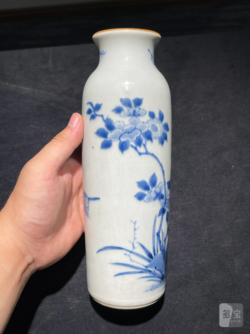 清顺治 青花花鸟纹筒瓶 - 图3